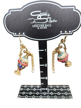 Vintage Cloisonné Enamel Lantern Dangle Earrings | Gold Tone